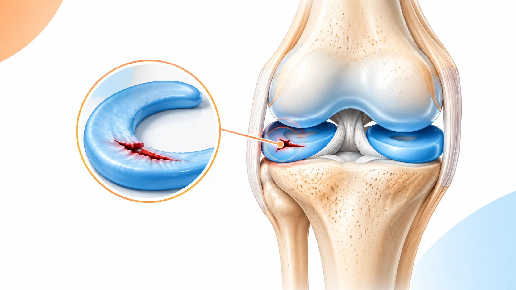  Meniscus tear infographic showing a torn meniscus in the knee joint with a magnified view of the cartilage tear and surrounding knee anatomy, meniscus tear treatment