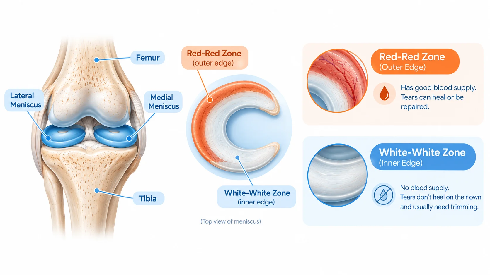 Meniscus tear zone infographic showing the red-red outer zone with blood supply and healing potential, and the white-white inner zone with limited blood supply and need for trimming.