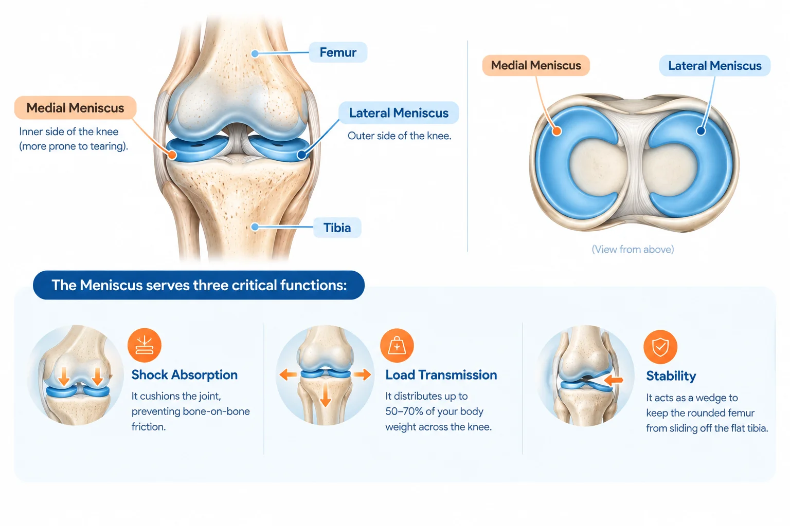 Knee anatomy, femur, tibia, meniscus tear 