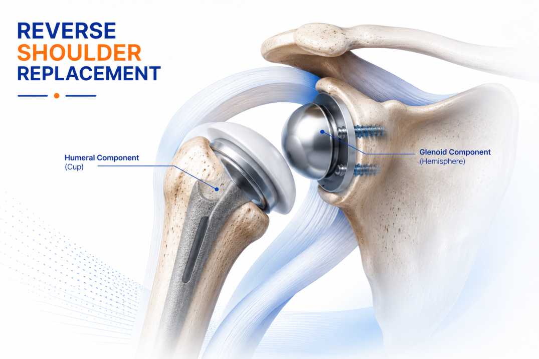 Reverse shoulder replacement implant showing reversed ball-and-socket design, Gurgaon