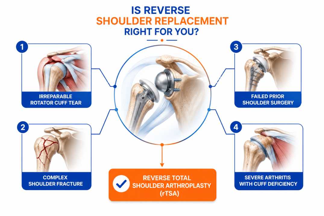Infographic showing indications for reverse shoulder replacement surgery, when is rTSA recommended