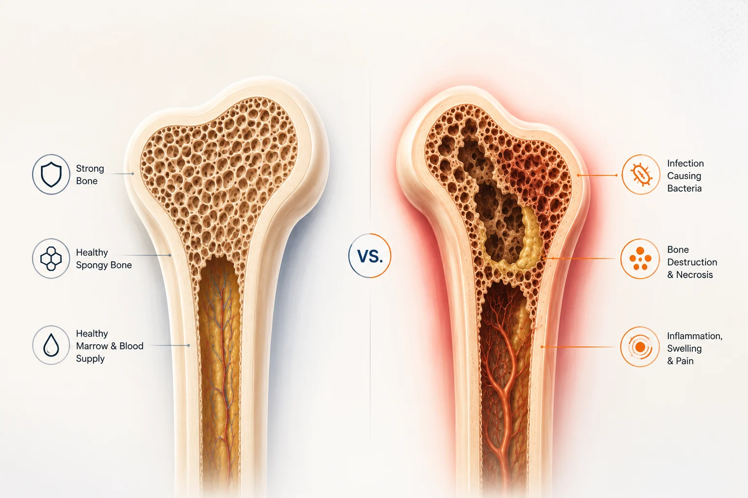 Illustration showing bacterial bone infection (osteomyelitis) in a long bone