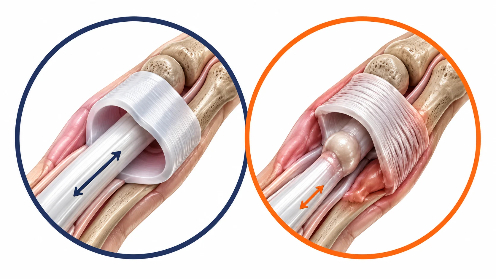 3D medical illustration comparing open release and percutaneous release techniques for trigger finger treatment.
