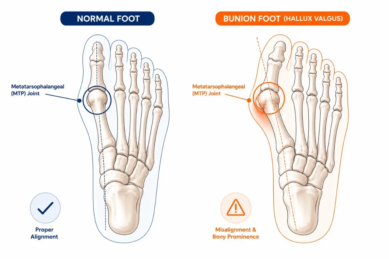 When Should You See a Doctor for Bunion Correction? Difference between normal foot and Hallux valgus.
