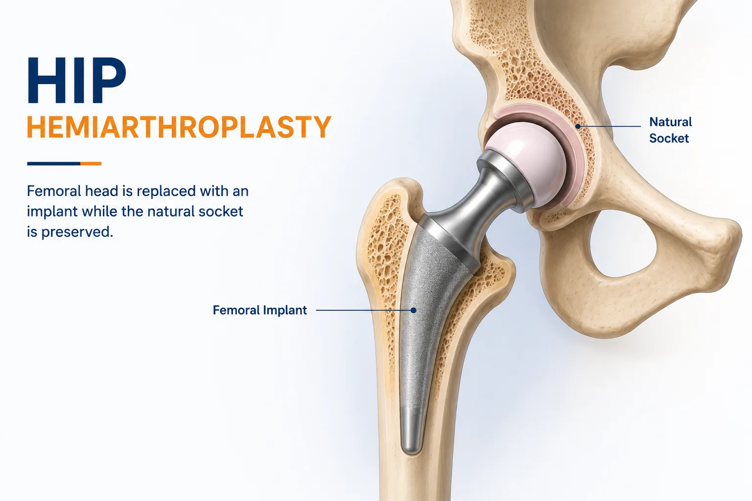 Hip replacement is a surgery to remove a damaged hip joint and put in a new, man-made part, usually done to stop severe pain and fix trouble walking caused by arthritis or injury. Partical Hip Replacement in Gurgaon. Hemiarthroplasty in Gurgaon.
