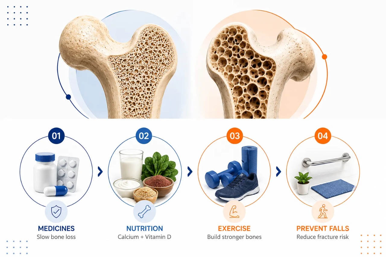 Osteoporosis treatment infographic showing medicines, nutrition, exercise and fall prevention. Osteoporosis treatment in Delhi