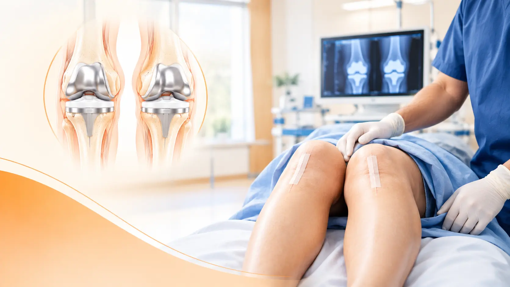 Bilateral knee replacement surgery in Gurgaon , Double Knee replacement in Gurugram, showing both knee joints with knee replacement implants in a modern orthopaedic surgery setting.