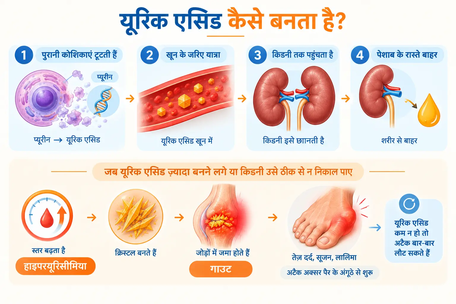 Uric acid formation and gout infographic showing purine breakdown, uric acid traveling through the blood to the kidneys, kidney excretion, crystal buildup in joints, and painful gout attacks. यूरिक एसिड का इलाज