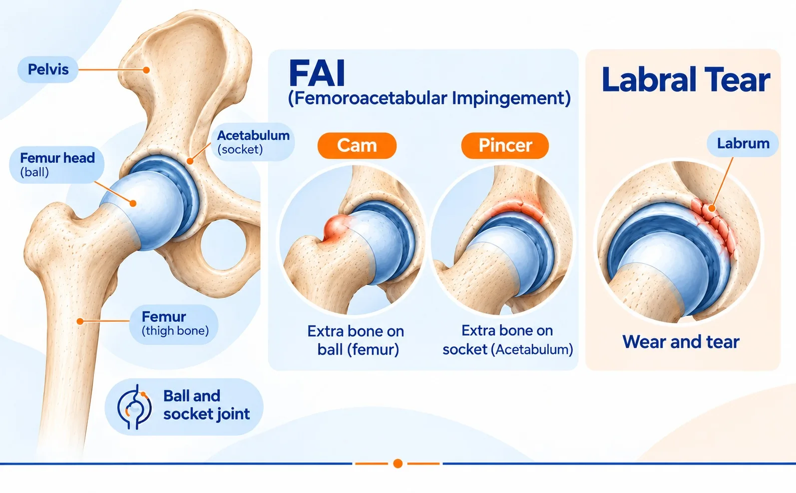 Hip anatomy and FAI showing cam and pincer impingement with labral tear