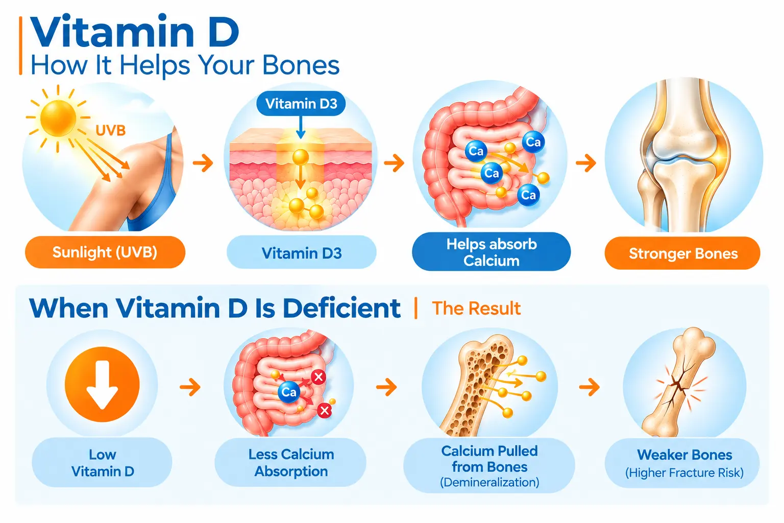 What does vitamin D do, How does vitamin D makes bone strong, vitamin D3, calcium absorption, stronger bones, and the effects of vitamin D deficiency including bone demineralization and increased fracture risk