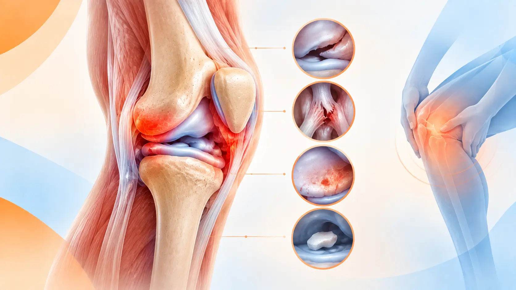 Knee arthroscopy in Gurgaon showing knee joint anatomy, cartilage and meniscus damage, ligament injury, and painful knee conditions treated through minimally invasive arthroscopic surgery