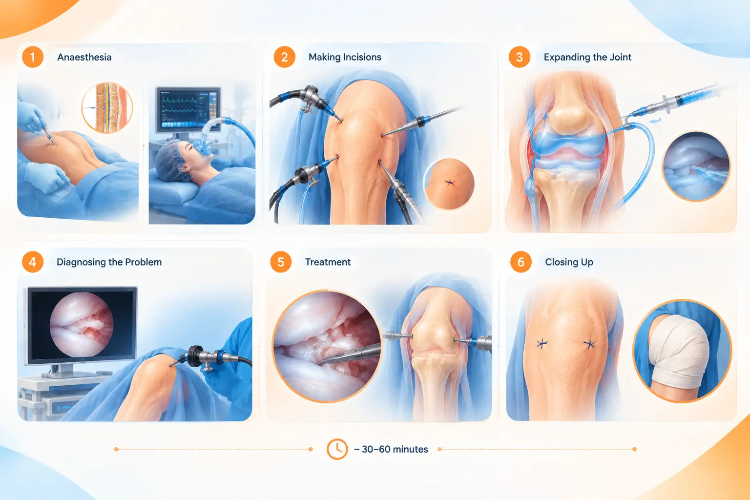 Knee arthroscopy in Gurgaon showing a minimally invasive knee surgery procedure, arthroscope, surgical instruments, knee joint treatment, and post-procedure closure, step by step guide: Knee arthroscopy in gurgaon