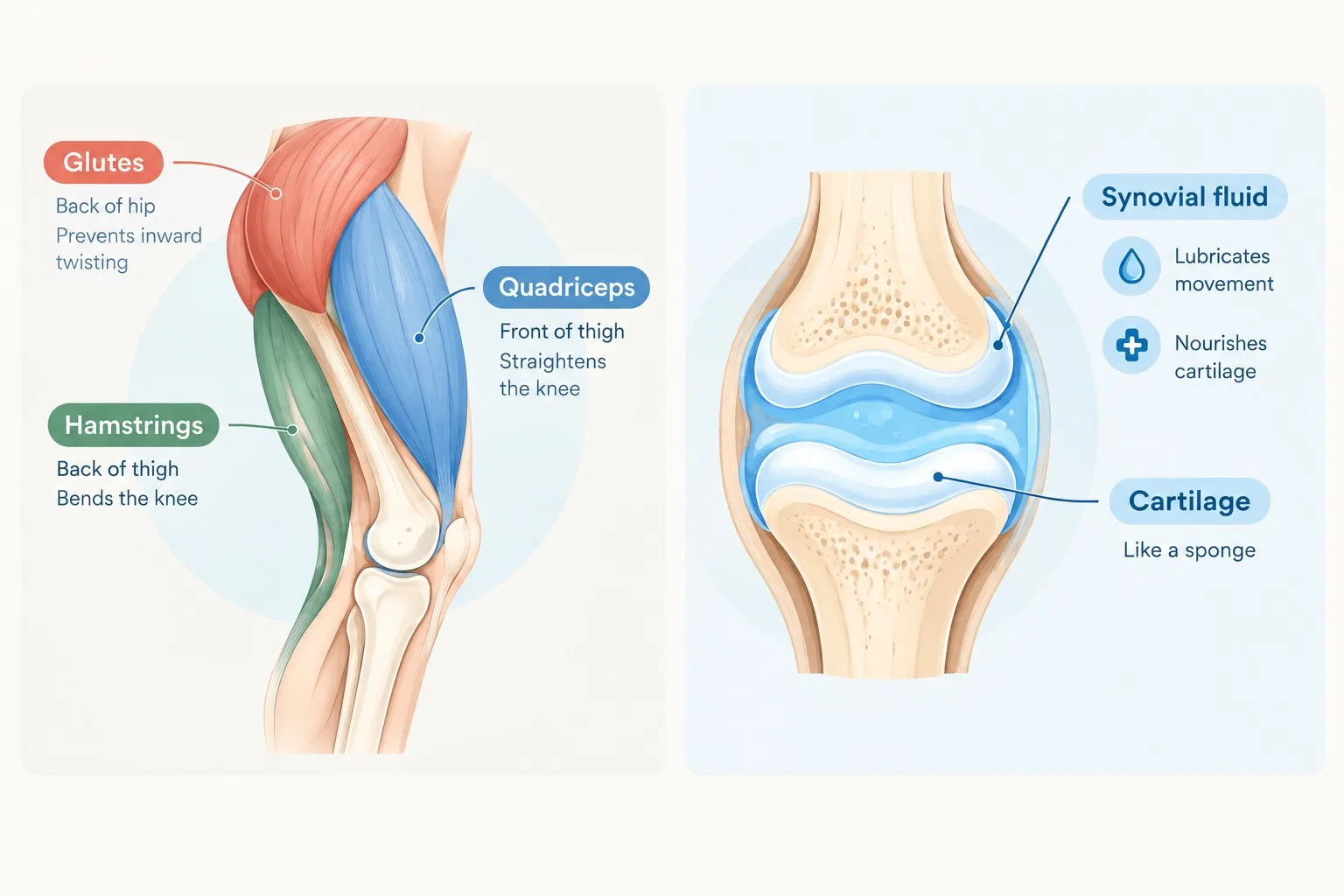 Knee muscles and cartilage anatomy showing quadriceps, hamstrings, glutes and synovial fluid for knee joint health