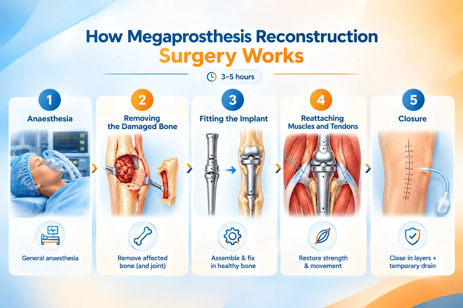 Megaprosthesis reconstruction surgery steps from bone removal to implant fitting and muscle reattachment.