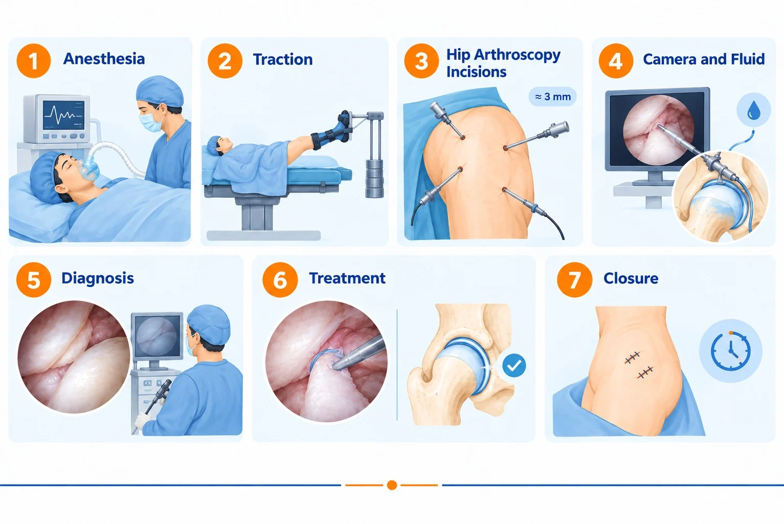 Hip arthroscopy surgery procedure for FAI and labral tear treatment: Hip arthroscopy incision, Hip arthroscopy portals