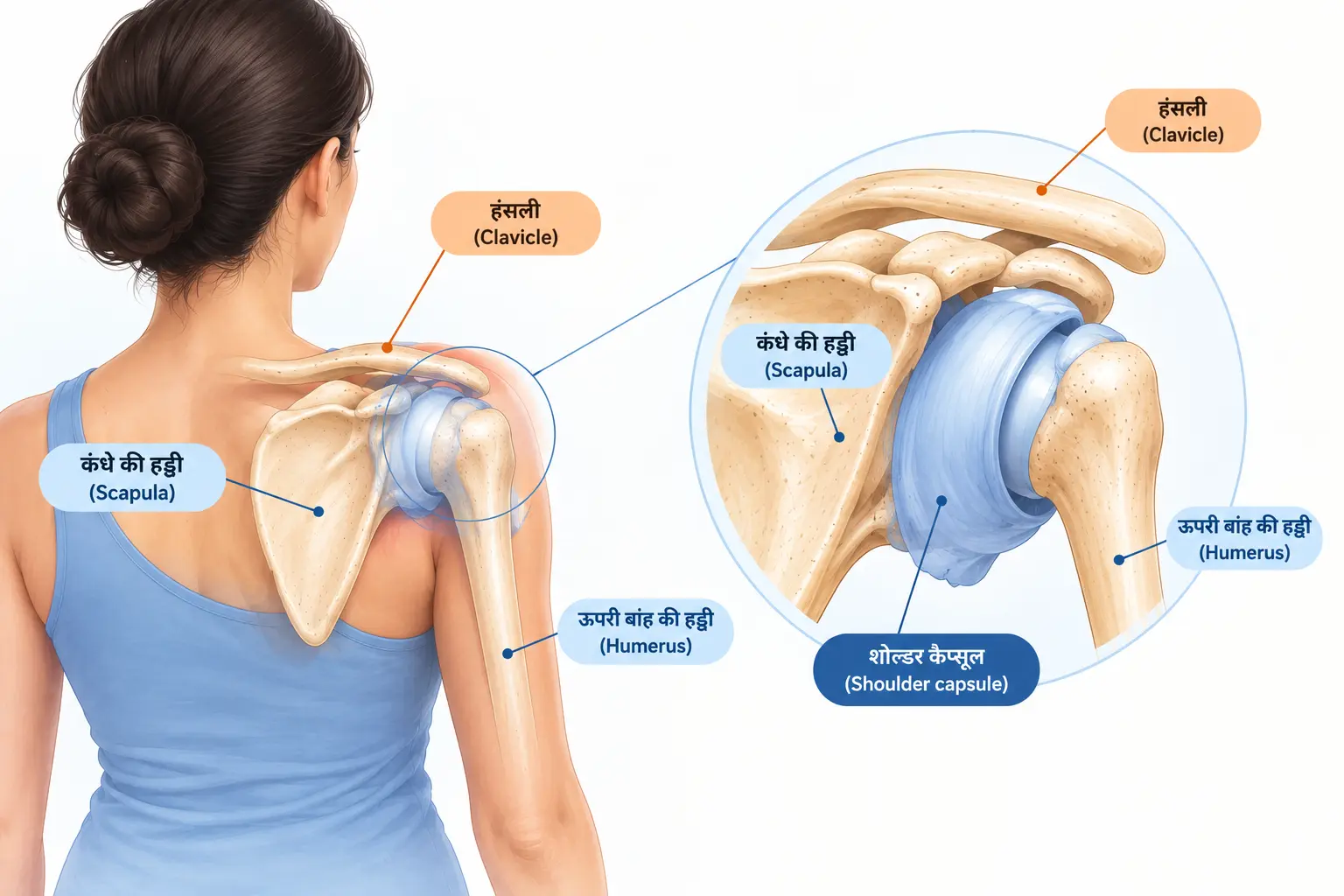 Frozen shoulder (फ्रोजन शोल्डर), also known as adhesive capsulitis (एडहेसिव कैप्सूलाइटिस), की कंधे की बनावट का चित्र, जिसमें shoulder anatomy (कंधे की बनावट) से जुड़ी clavicle (कॉलरबोन), scapula (कंधे की हड्डी), humerus (ऊपरी बांह की हड्डी) और shoulder capsule (शोल्डर कैप्सूल) को पीछे से दिखाया गया है, साथ में shoulder joint (कंधे के जोड़) का enlarged view (बड़ा दृश्य) भी है।