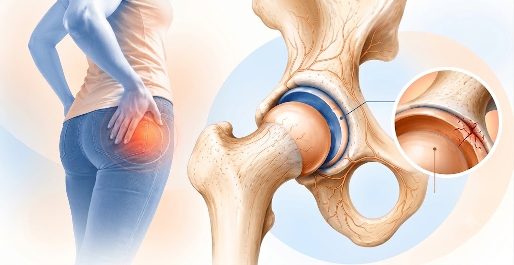 Hip pain, FAI and labral tear showing the hip joint and damaged labrum