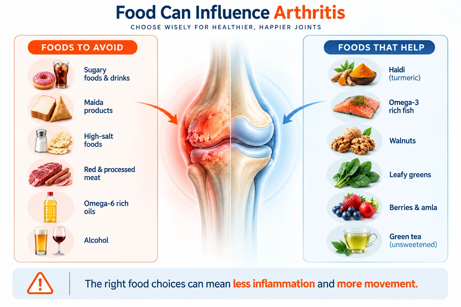 Infographic showing foods to limit and foods that may support joint health in arthritis, with a central knee joint contrasting inflammation with a healthier joint. Foods to limit include sugary foods and drinks, maida products, high-salt foods, red and processed meat, omega-6-rich refined oils, and alcohol. Supportive foods include turmeric, omega-3-rich fish, walnuts, leafy greens, berries, and unsweetened green tea.