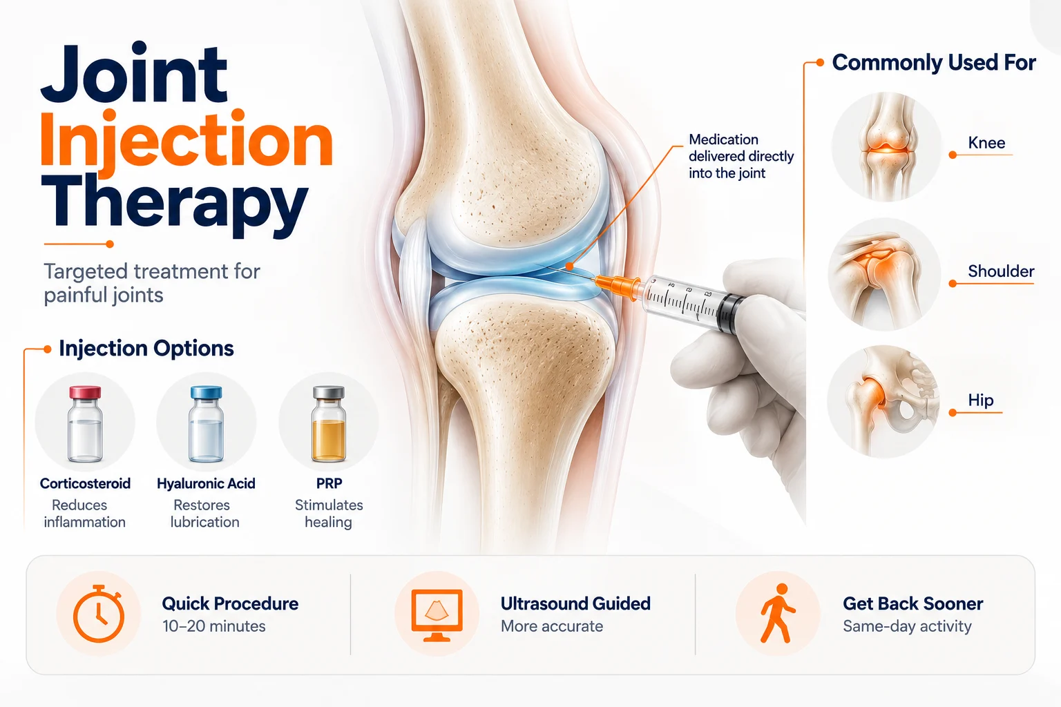 Joint injection therapy infographic showing corticosteroid, hyaluronic acid and PRP injections for knee, shoulder and hip pain, with ultrasound-guided precision.