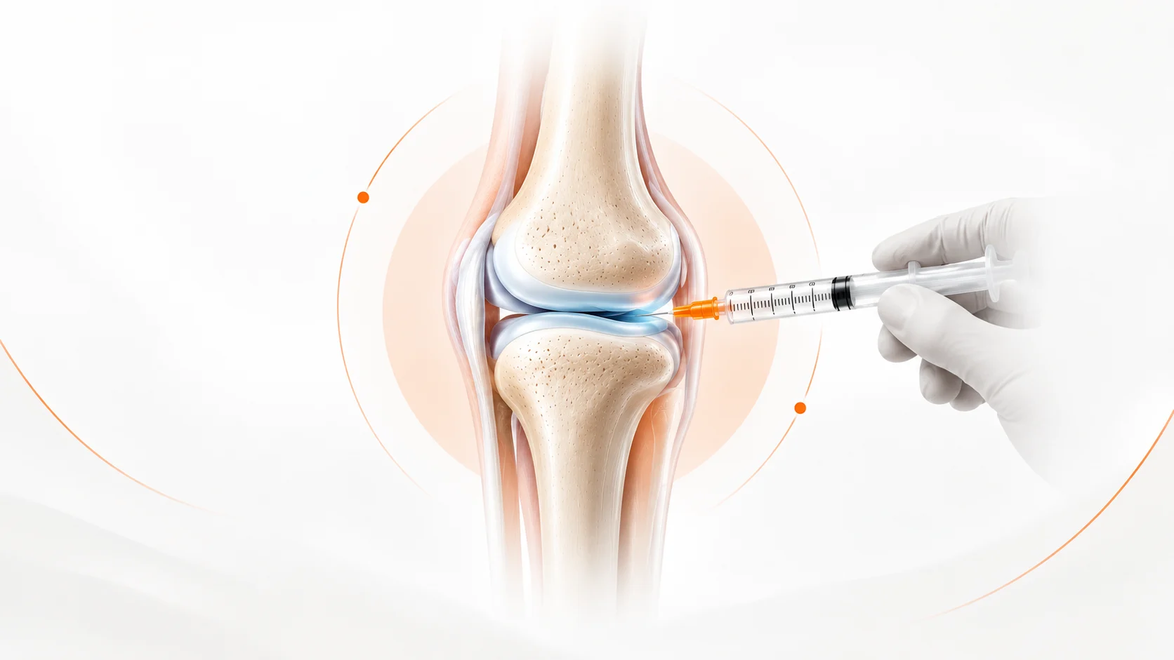 Joint injection therapy infographic showing corticosteroid, hyaluronic acid and PRP injections for knee, shoulder and hip pain, with ultrasound-guided precision.