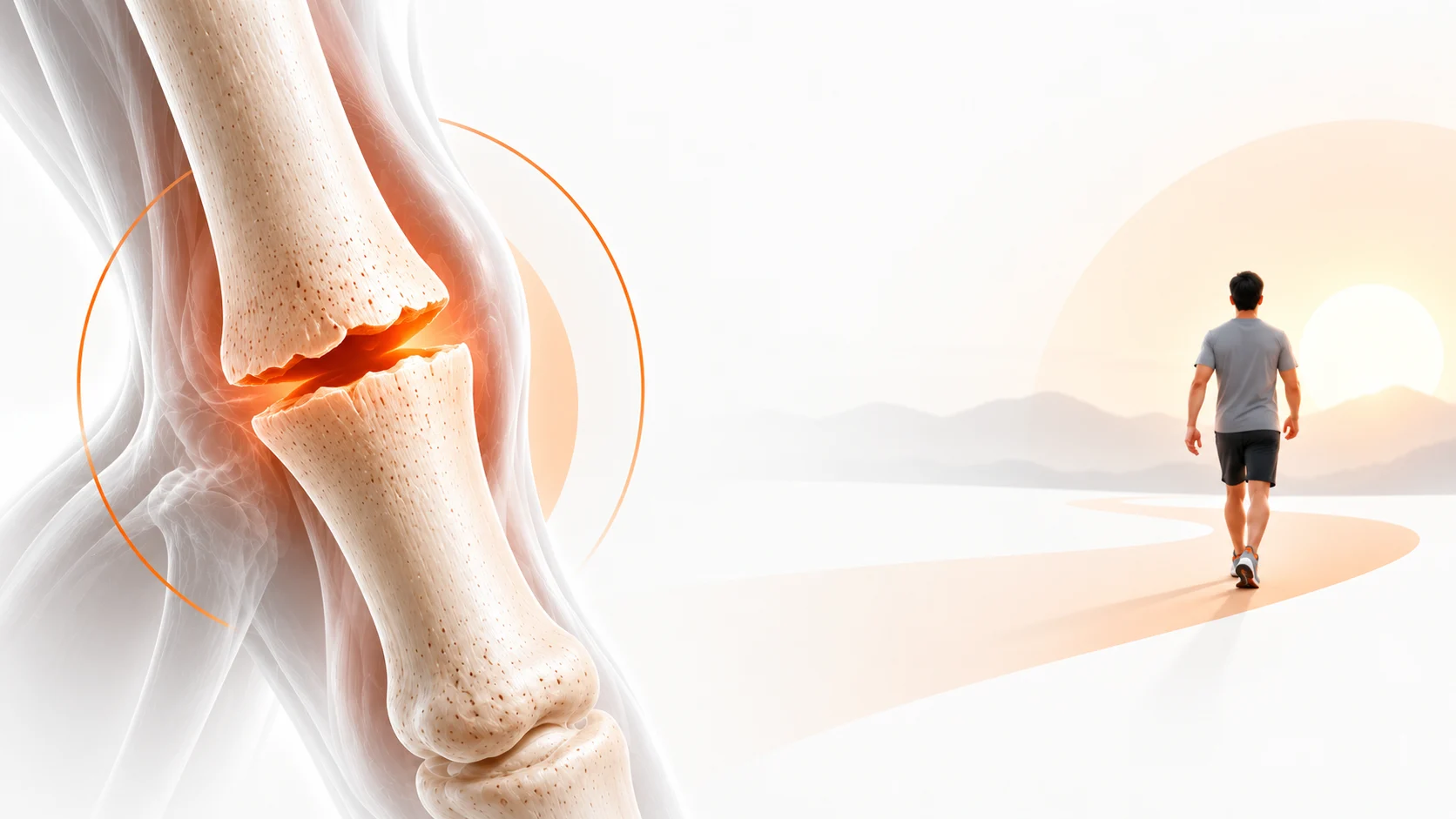Medical illustration of a non-union fracture with a healing pathway representing treatment and recovery.