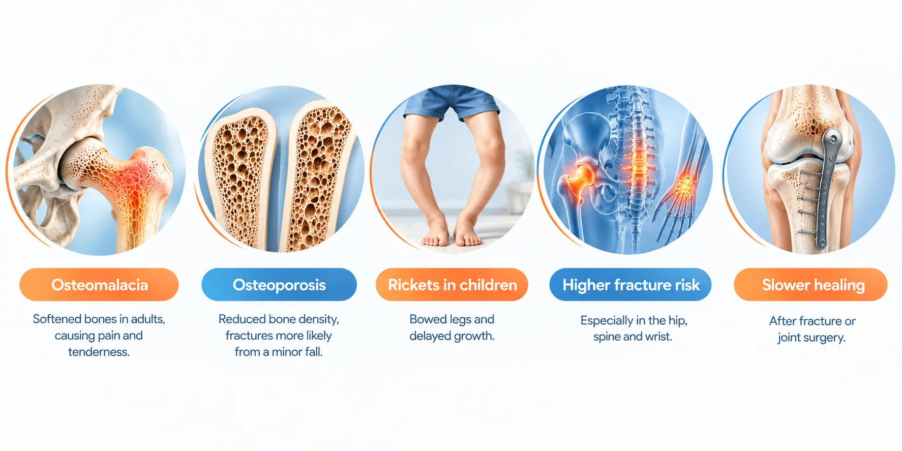 Vitamin D deficiency showing osteomalacia, osteoporosis, rickets in children, higher fracture risk, and slower bone healing after fracture or joint surgery.