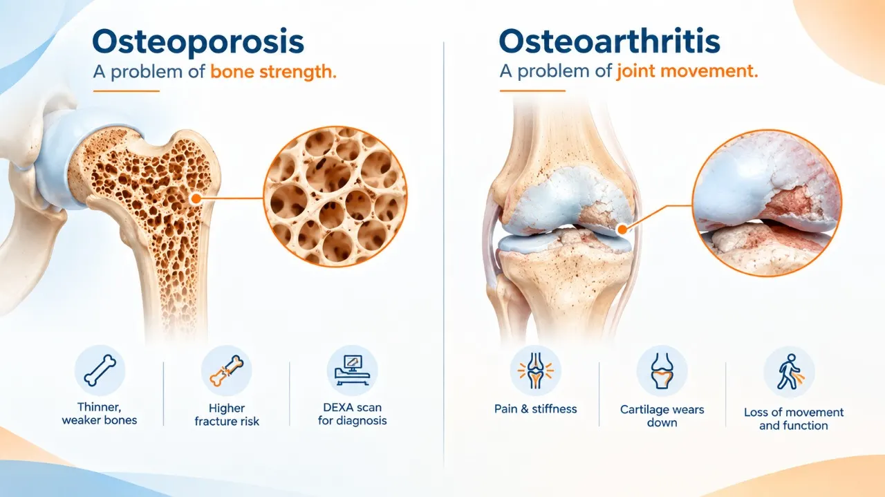 Osteoporosis vs osteoarthritis: key differences in bone density, joint cartilage damage, symptoms, diagnosis and treatment.