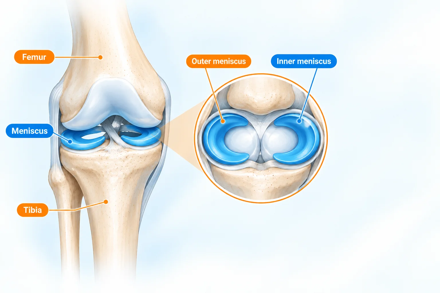Medical illustration of the knee joint showing the femur, tibia, and inner and outer menisci, highlighting their crescent-shaped cartilage structure. meniscus, how to heal meniscus with exercise