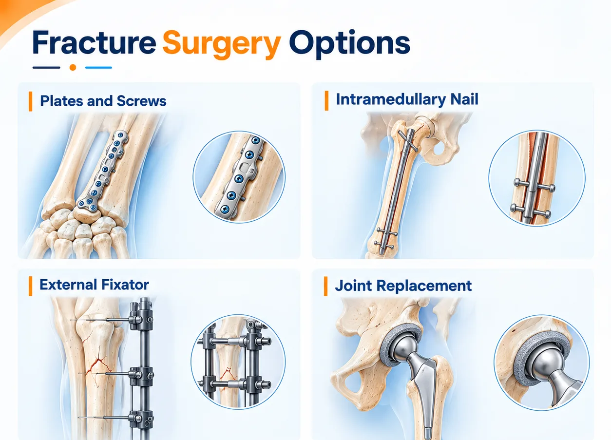 Medical illustration showing four fracture surgery methods: plates and screws, intramedullary nail, external fixator, and joint replacement, with detailed anatomical views