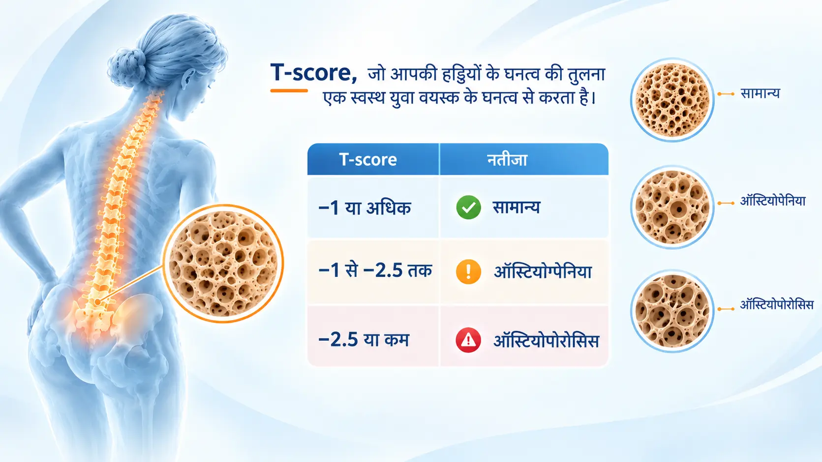 हड्डियों के घनत्व और T-score के परिणामों को दर्शाता मेडिकल इन्फोग्राफिक। इसमें रीढ़ की हड्डी और स्पंजी अस्थि संरचना के चित्रों के साथ सामान्य हड्डियों (−1 या अधिक), ऑस्टियोपेनिया (−1 से −2.5 तक) और ऑस्टियोपोरोसिस (−2.5 या कम) की श्रेणियाँ नीले, सफेद और हल्के नारंगी रंगों की क्लिनिकल थीम में दिखाई गई हैं। DEXA scan, osteoporosis diagnosis